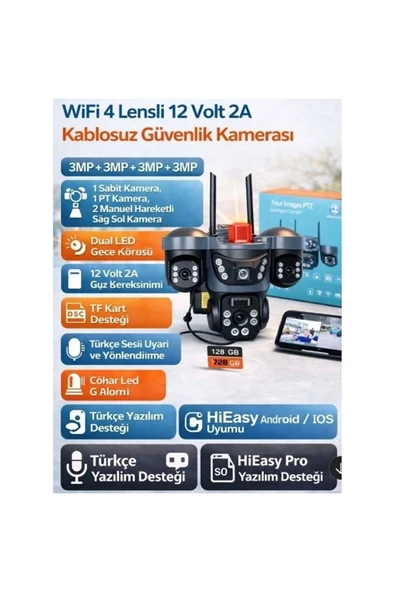 kruxon RX-75W 4 Lensli Wifi Güvenlik Kamerası 12MP 3MPx4 PTZ Gece Görüş Türkçe Sesli TF Kart ürün görseli 1
