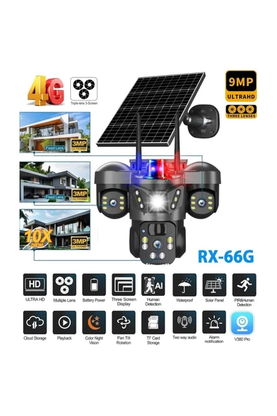 kruxon RX-66G 4G Solar Güvenlik Kamerası 3 Lens 15MP 10X Zoom PTZ 12000mAh V380 Türkçe ürün görseli 1