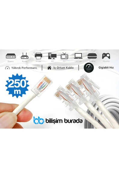 kruxon 250 Metre CAT6 Gigabit Ethernet İnternet Kablosu 1000 Mbps RJ45 Modem Router PC Laptop TV Uyumlu ürün görseli 1