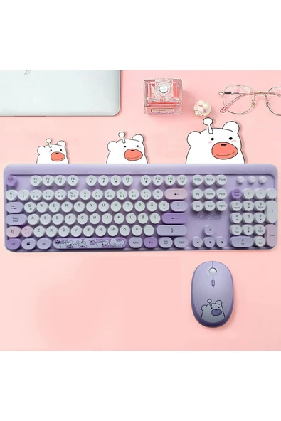 kruxon Mofii Hellobear Yuvarlak Tuşlu Ayıcık Desenli Kablosuz Pembe Klavye Mouse Set ürün görseli 1