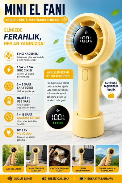kruxon 5 Kademeli Mini El Fanı LED Ekranlı Şarjlı Masa ve El Tipi Taşınabilir Fan ürün görseli 1