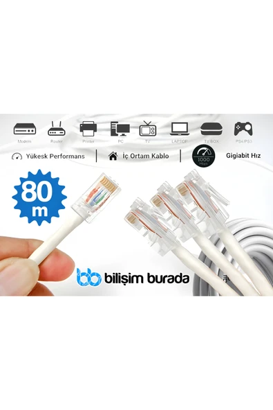 kruxon 80 Metre CAT6 Gigabit Ethernet İnternet Kablosu 1000 Mbps RJ45 Modem Router PC Laptop TV Uyumlu ürün görseli 1