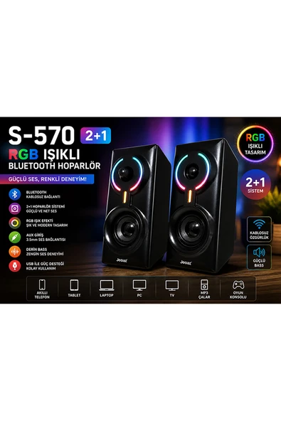 kruxon S-570 2+1 RGB Işıklı Bluetooth Hoparlör | Kablosuz + AUX Destekli | Güçlü Bass Multimedya Speaker ürün görseli 1
