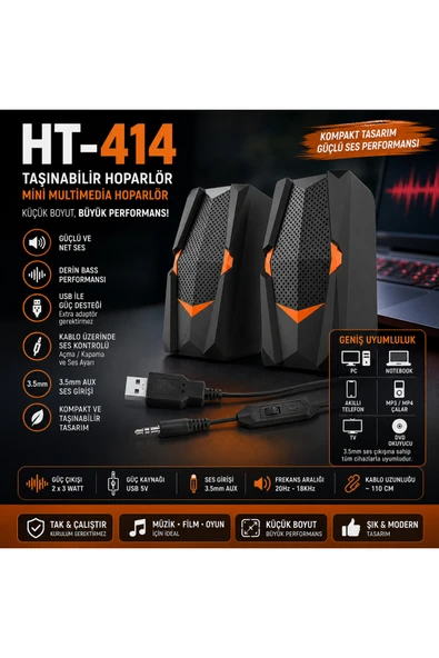 kruxon HT-414 Taşınabilir Mini Hoparlör | USB Güçlü 2x3W Ses | 3.5mm AUX Giriş | Siyah Turuncu Multimedya Speaker ürün görseli 1