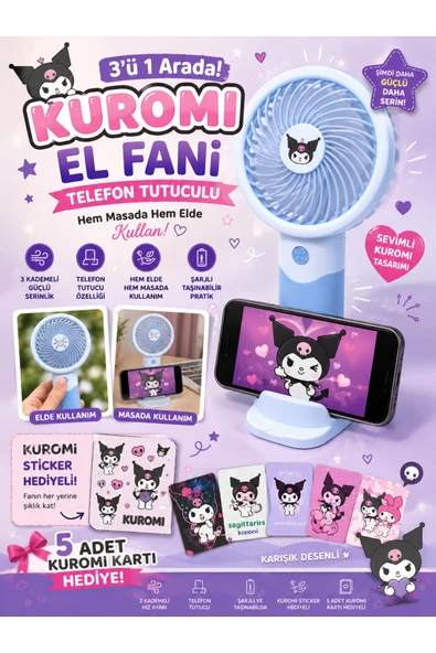 kruxon Telefon Tutuculu Şarjlı Kuromi Mini El Fanı | 3 Kademeli | Type-C Şarjlı | Sticker ve 5 Kart Hediyeli ürün görseli 1