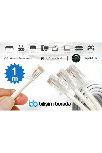 kruxon 1 Metre CAT6 Gigabit Ethernet İnternet Kablosu 1000 Mbps RJ45 Modem Router PC Laptop TV Uyumlu ürün görseli 1