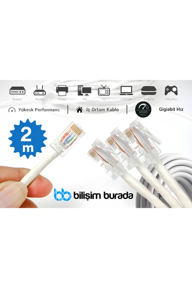 kruxon 2 Metre CAT6 Gigabit Ethernet İnternet Kablosu 1000 Mbps RJ45 Modem Router PC Laptop TV Uyumlu ürün görseli 1