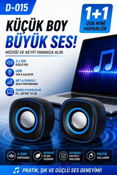 kruxon D-015 1+1 USB Mini Hoparlör 2x5W Güçlü Ses 4 Ohm PC Laptop Telefon Uyumlu ürün görseli 1