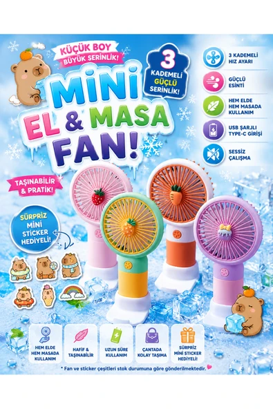 kruxon Sevimli Mini El ve Masa Fanı USB Şarjlı 3 Kademeli Sticker Hediyeli ürün görseli 1