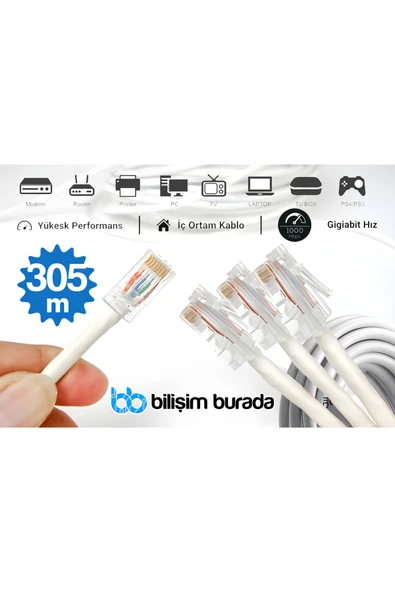 kruxon 305 Metre CAT6 Gigabit Ethernet İnternet Kablosu 1000 Mbps RJ45 Modem Router PC Laptop TV Uyumlu ürün görseli 1