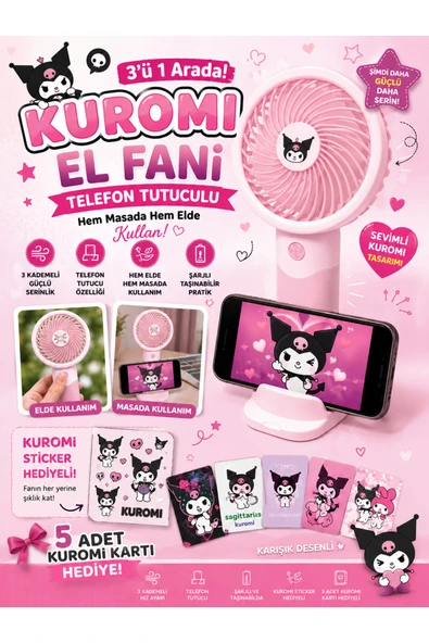 kruxon Telefon Tutuculu Şarjlı Kuromi Mini El Fanı | 3 Kademeli | Type-C Şarjlı | Sticker ve 5 Kart Hediyeli ürün görseli 1