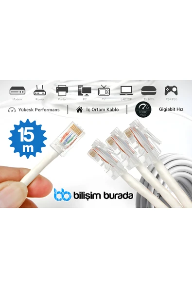kruxon 15 Metre CAT6 Gigabit Ethernet İnternet Kablosu 1000 Mbps RJ45 Modem Router PC Laptop TV Uyumlu ürün görseli 1