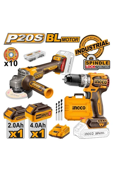 Ingco Lİ-İON KÖMÜRSÜZ AKÜLÜ 2'Lİ KOMBO SET MATKAP VE AVUÇ TAŞLAMA 20V 2.0/4.0 AH ürün görseli 1