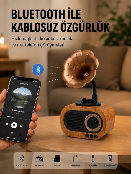 Nostaljik Hoparlör Fm Radyo 8 Saat Batarya Yeni Nesil ürün görseli 1