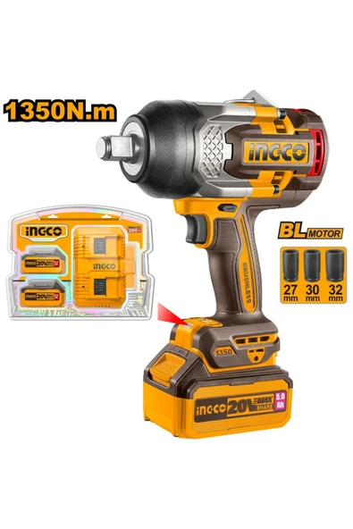 Ingco Li-ion Kömürsüz Akülü Somun Sıkma 3/4" 20V 1350Nm + Li-ion Akü ve Şarj Cihazı Seti 20V 5.0Ah ürün görseli 1