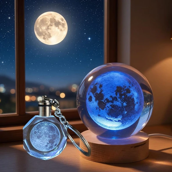 Dolunay Tasarımlı Işıklı Cam Küre - Kristal Anahtarlık Seti - Renk Değiştiren Gece Lambası ürün görseli 1