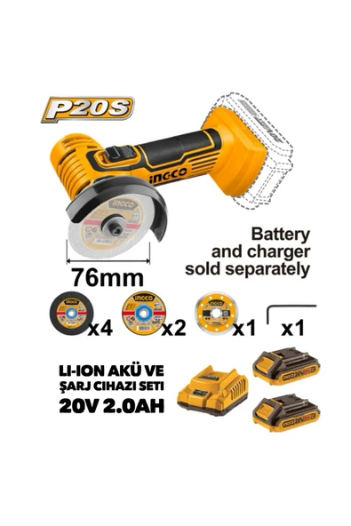 Ingco CAGLI76011 Li-ion Akülü Mini Taşlama 76mm 20V Akü ve Şarj Cihazı Seti 20V 2.0Ah 2 adet ürün görseli 1
