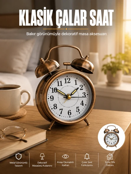 Metal Bronz Nostaljik Masa Saati Alarmlı Büyük Boy Sessiz Mekanizmalı ürün görseli 1