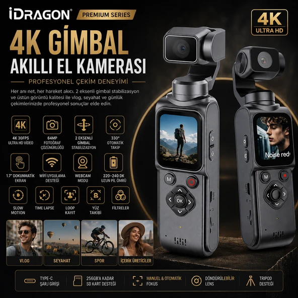 İdragon AT-M105 4K Gimbal Kamera Wi-Fi Bağlantılı Akıllı Takip Özellikli Vlog & Aksiyon Kamerası ürün görseli 1
