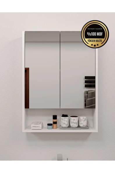 rafineritasarım Lotus Banyo Dolabı Aynalı Raflı Kapaklı ürün görseli 1