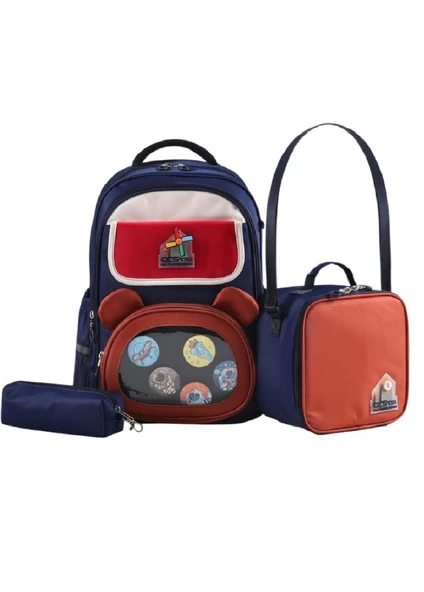 ÇÇS Kids Premium Okul Çanta Seti 3'lü İlkokul Ortaokul Sırt Çantası Termal Beslenme Çantası Kalemlik Lacivert-Turuncu 51977 ürün görseli 1