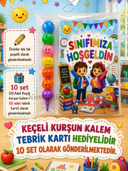 Okula Yeni Başlayan Öğrencilere Sınıfımıza Hoşgeldin Yazılı 10 Adet Hediye Seti 1. Sınıf- Sene Başı Hatırası Keçeli Kalem Tebrik Kartı Hediyeli ürün görseli 1