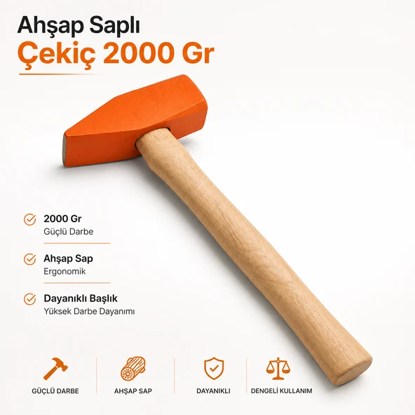 Ahşap Saplı Çekiç 2000 GRAM Dayanıklı El Çekici Çivi Çakma ürün görseli 1
