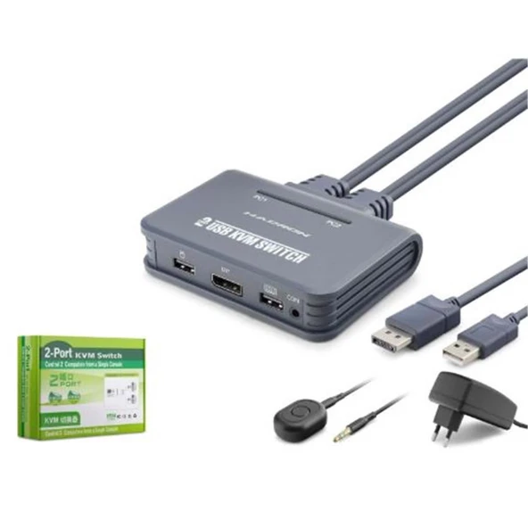 HADRON HDX1427 DisplayPort KVM Switch 2 Console USB Harici Butonlu Dahili Kablolu 2 DP Siyah ürün görseli 1