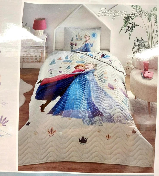 Özdilek Lisanslı Kapitoneli Pike %100 Pamuk Tek Kişilik Çocuk Yatak Örtüsü (160x230)-Frozen Love Krem ürün görseli 1