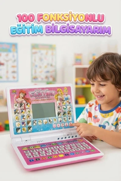 2'si 1 Arada 100 Fonksiyonlu Prenses Tasarımlı Pembe Türkçe Eğitici Oyuncak Laptop ürün görseli 1