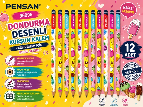 Pensan 96096 Dondurma Desenli HB Kurşun Kalem Yazı ve Çizim Kalemi Okul Kırtasiye 12 Adet ürün görseli 1