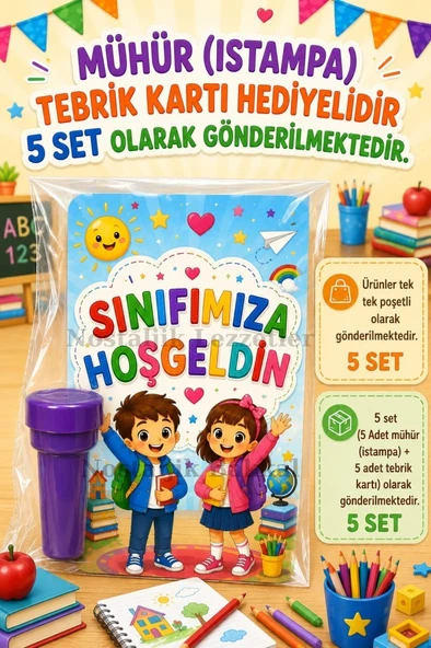 Okula Yeni Başlayan Öğrencilere 5 Adet Hediye Seti Mühür (Istampa) Tebrik Kartı Hediyeli ürün görseli 1