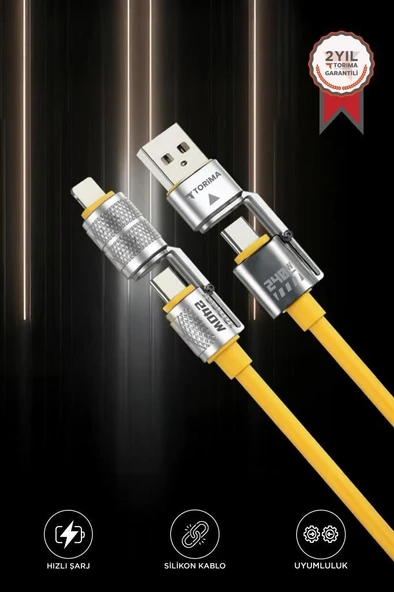 Torima U23 Sarı 4in1 Silikon 240W USB-A/Type-C Giriş,Type-C/Lightning Çıkış Hızlı Şarj Data Kablosu ürün görseli 1