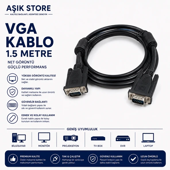 VGA Kablo 1.5 Metre Erkek Erkek Monitör Projeksiyon Bilgisayar Görüntü Aktarım Kablosu ürün görseli 1