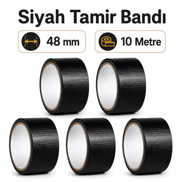 5 Adet Siyah Tamir Bandı 48 mm X 10 Metre Çok Amaçlı Duct Tape Takviye Bantları ürün görseli 1