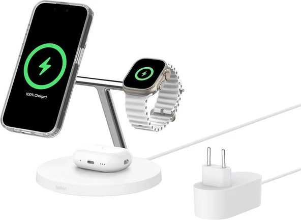 Belkin BoostCharge 3'ü 1 Arada Qi2 şarj cihazı, MagSafe uyumlu kablosuz şarj istasyonu, Apple iPhone 17 Serisi, Apple Watch, Kaymaz Tabanlı AirPods için Qi2 Kablosuz Şarj Aleti, PSU Dahil - Beyaz Outl ürün görseli 1