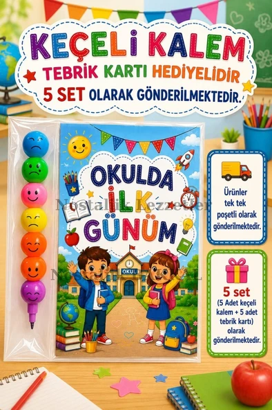 5 Adet Okula Yeni Başlayan Öğrencilere 1. Sınıf- Sene Başı Hatırası Keçeli Kalem Tebrik Kartı Hediyeli ürün görseli 1