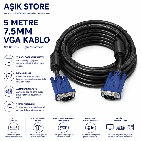 VGA Kablo 5 Metre 7.5mm Kalın Çift Ferrit Filtreli Monitör Projeksiyon Bilgisayar VGA Erkek Erkek Kablo ürün görseli 1