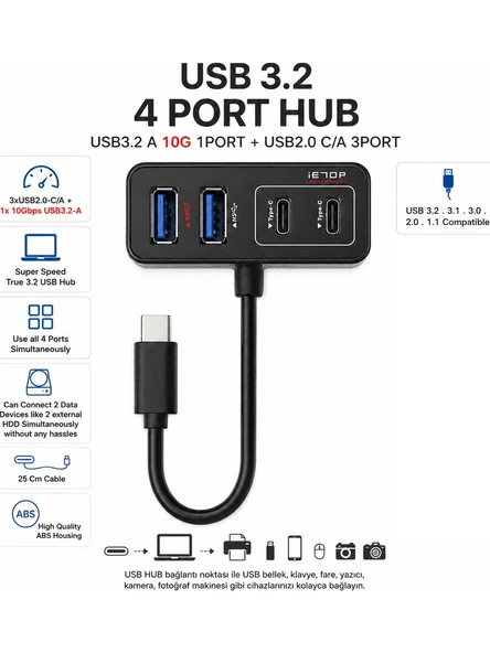 Type-C USB Hub 4 Port USB 3.2 10Gbps USB Çoklayıcı USB-A USB-C ürün görseli 1