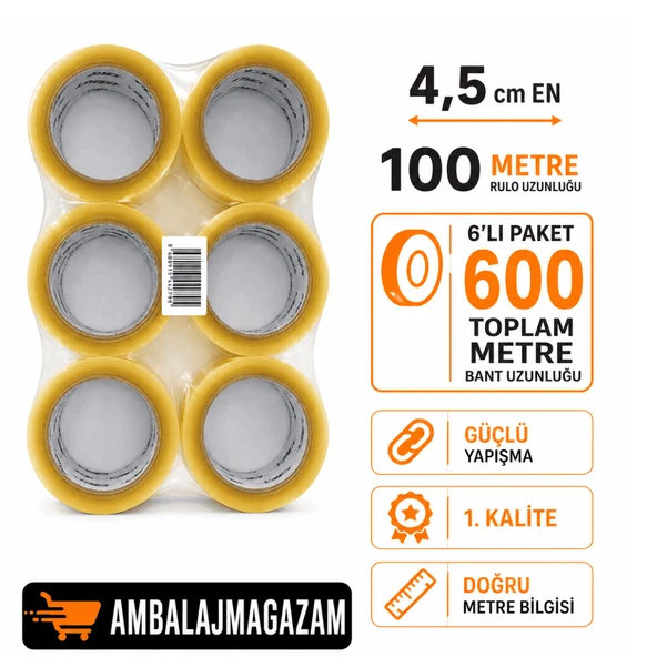 Koli Bandı 6'Lı PAKET - 4,5 x 100 METRE - TOPLAM 600 Metre ürün görseli 1