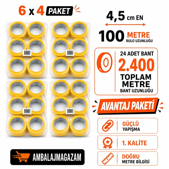 24 ADETLİ AVANTAJ PAKET Koli Bandı - 4,5 x 100 METRE - TOPLAM 2.400 Metre ürün görseli 1