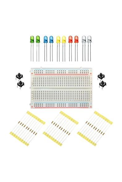 Orta Boy Breadboard - 10 Adet Karışık Led - 30 Adet Direnç - 4 Adet Buton Seti ürün görseli 1