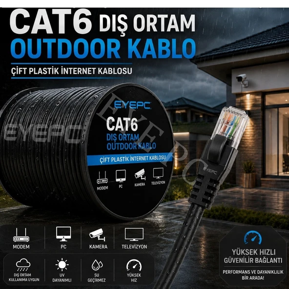 100 MT YÜZ Dış Mekan Cat6 İnternet Kablosu Dış Ortam - Yüksek Hız - 23 Awg - 2 Katlı (100 Metre) ürün görseli 1