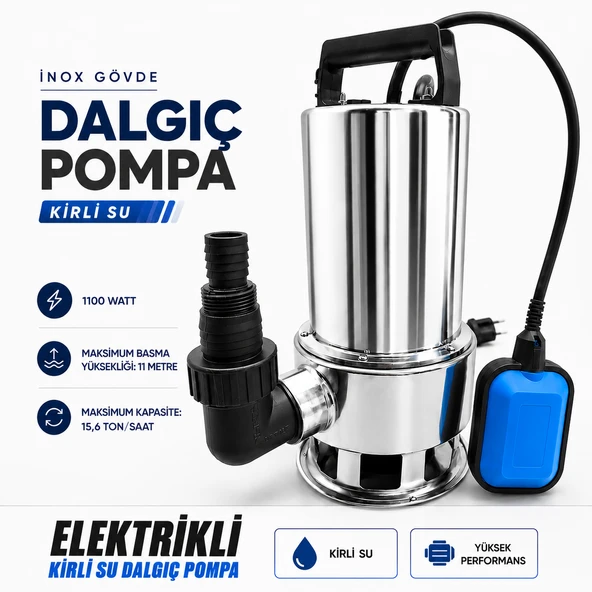 İnox Gövde Kirli Su Dalgıç Pompası 1100 W 11 Metre Basma 15,6 Ton/Saat Paslanmaz Drenaj Pompası ürün görseli 1
