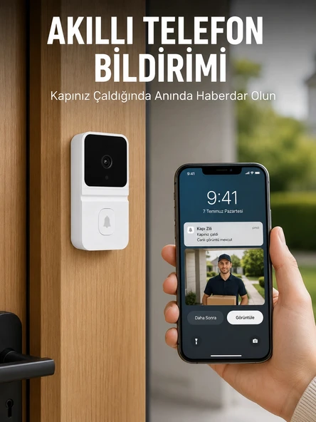 Beyaz Wi-Fi Akıllı Görüntülü Kapı Zili HD Kamera, Gece Görüşü ve Telefon Bildirimli Kablosuz Kapı Zili ürün görseli 1