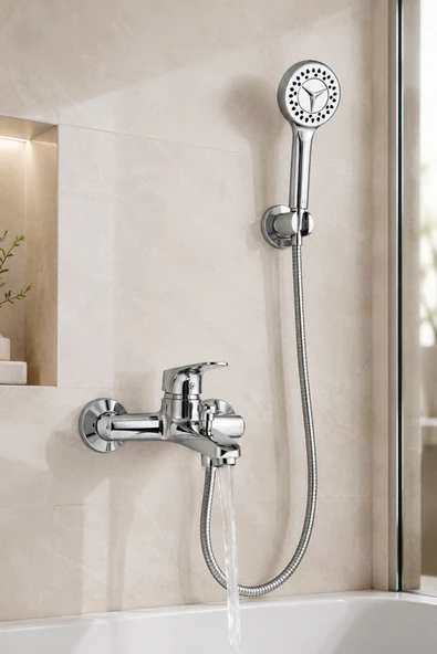 Krom Banyo Bataryası Duş Seti Mafsallı El Duşu Sıcak Soğuk Mix Musluk ve Duş Başlığı Set ürün görseli 1