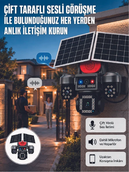 LED Projektörlü Sirenli Güneş Enerjili Akıllı Güvenlik Kamerası ürün görseli 1