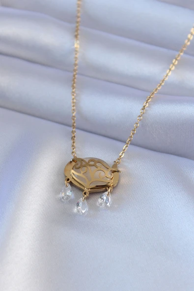 316L Çelik Gold Renk Lotus Model Zirkon Taşlı Kadın Kolye 5886 ürün görseli 1