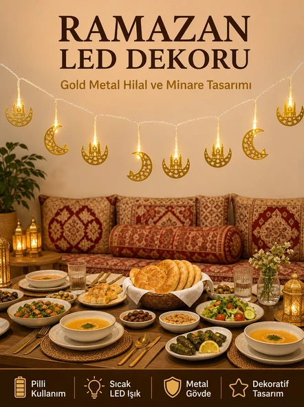 Minareli Hilal LED Işık Gold Metal Gövdeli Pilli Ramazan Dekoru ürün görseli 1