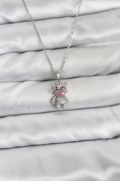 316L Çelik Zincir Gümüş Renk Teddy Bear Model Zirkon Taşlı Kadın Kolye 5886 ürün görseli 1